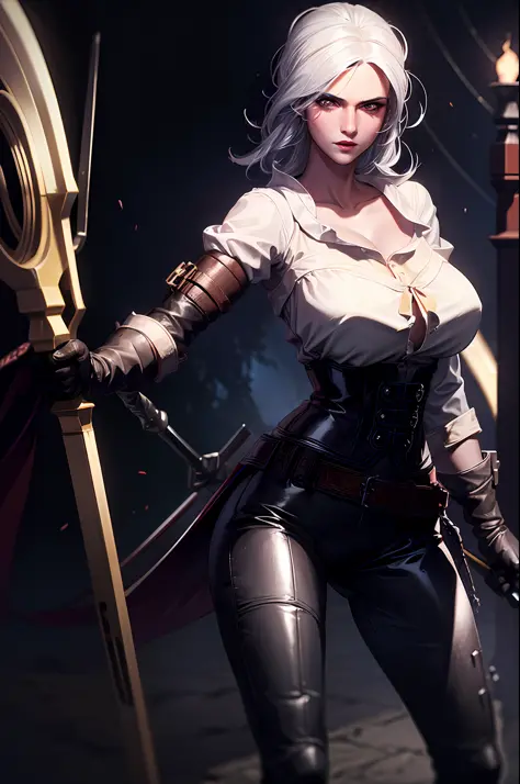 (8k, best quality, masterpiece: 1.2), ((best quality)), white hair, stands, shirt, cleavage, black leggings, ass, wide hips, siri, woman