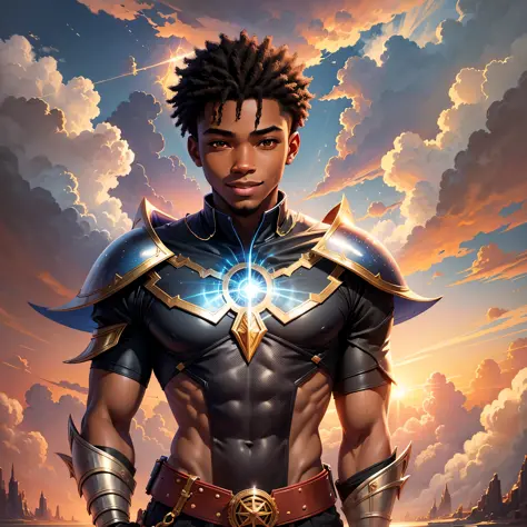lllustration of young black man, fantasy universe, hero, contemplating, wearing clothes, light smile, background with sky and clouds and sunset --auto --s2