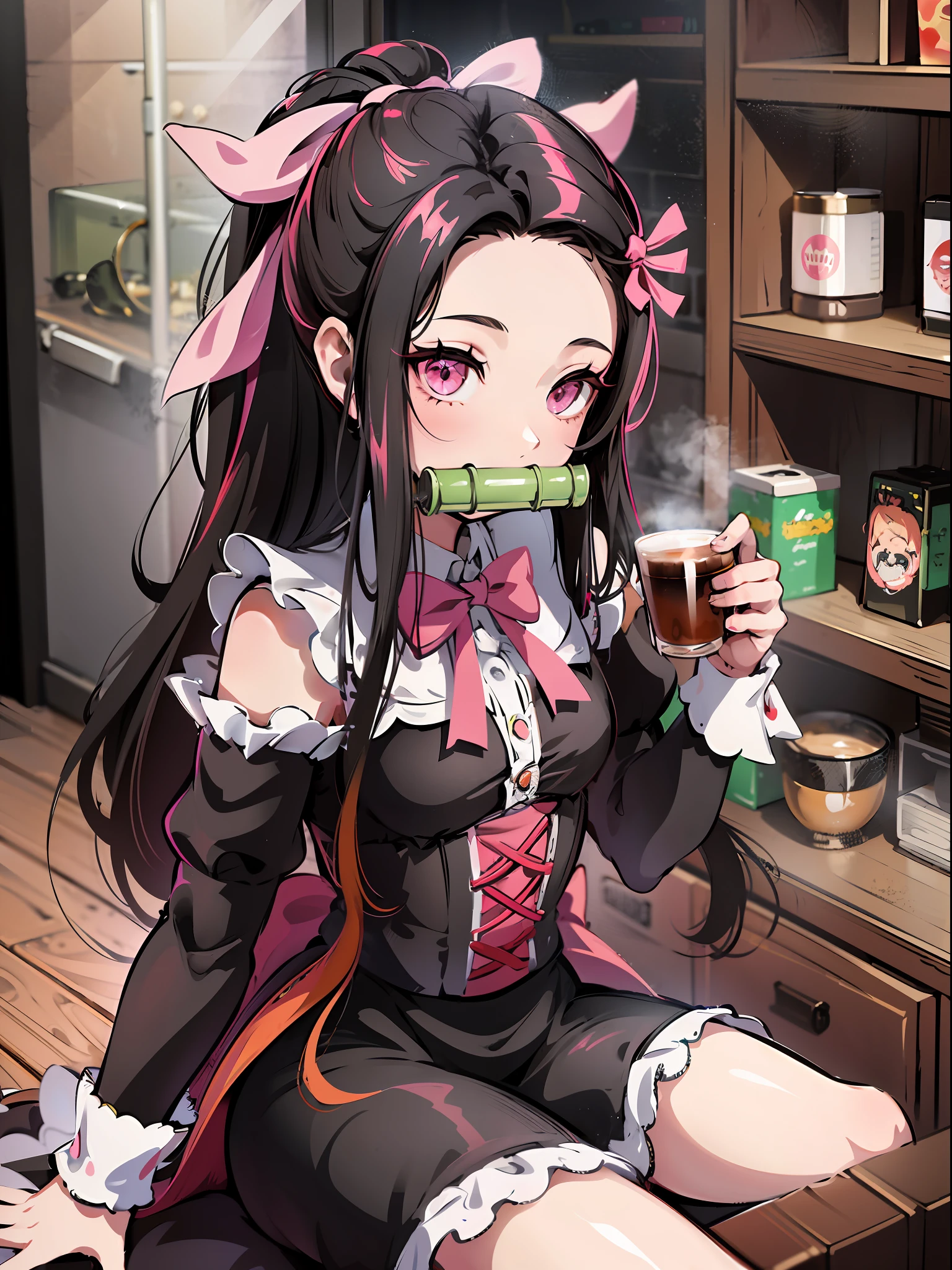 Anime girl with a cup of coffee in her hand - SeaArt AI