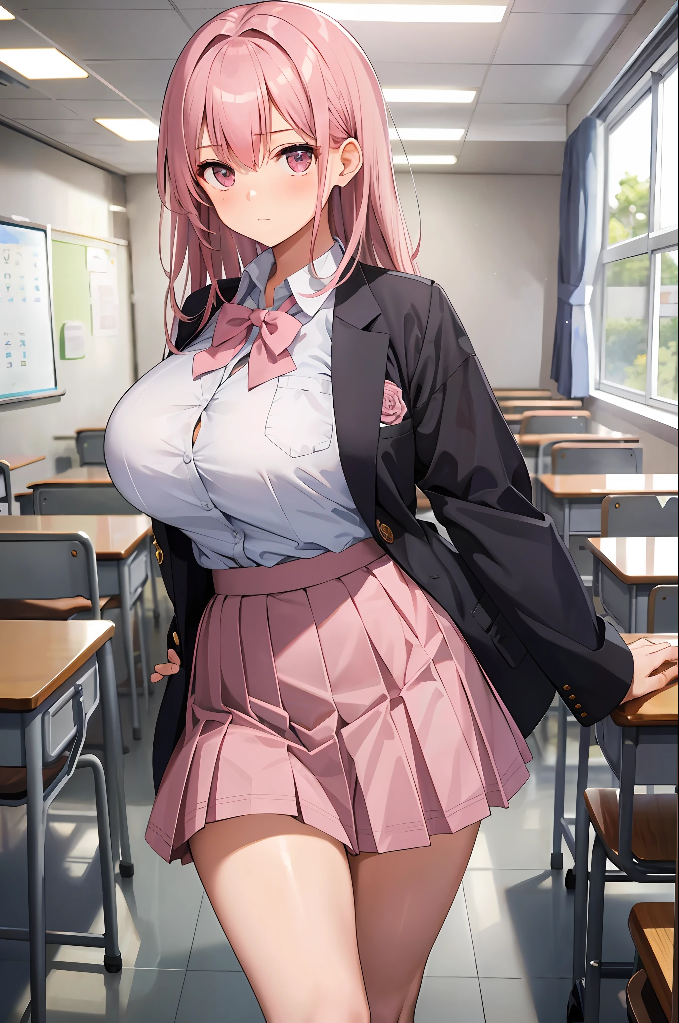 masterpiece, best quality, finely detailed, 1girl, pink_rose hair, pleated skirt, (school uniform), huge breasts, cleavage, classroom,