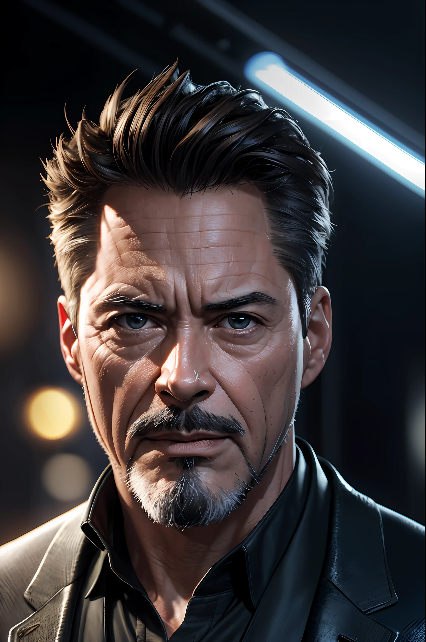 Marvel, Old man Tony Stark, realistically, dynamic lights, old, gray stubble, full shoot, (extremely detailed CG unity 8k wallpaper), trending on ArtStation, trending on CGSociety, High Detail, Sharp focus, dramatic, photorealistic