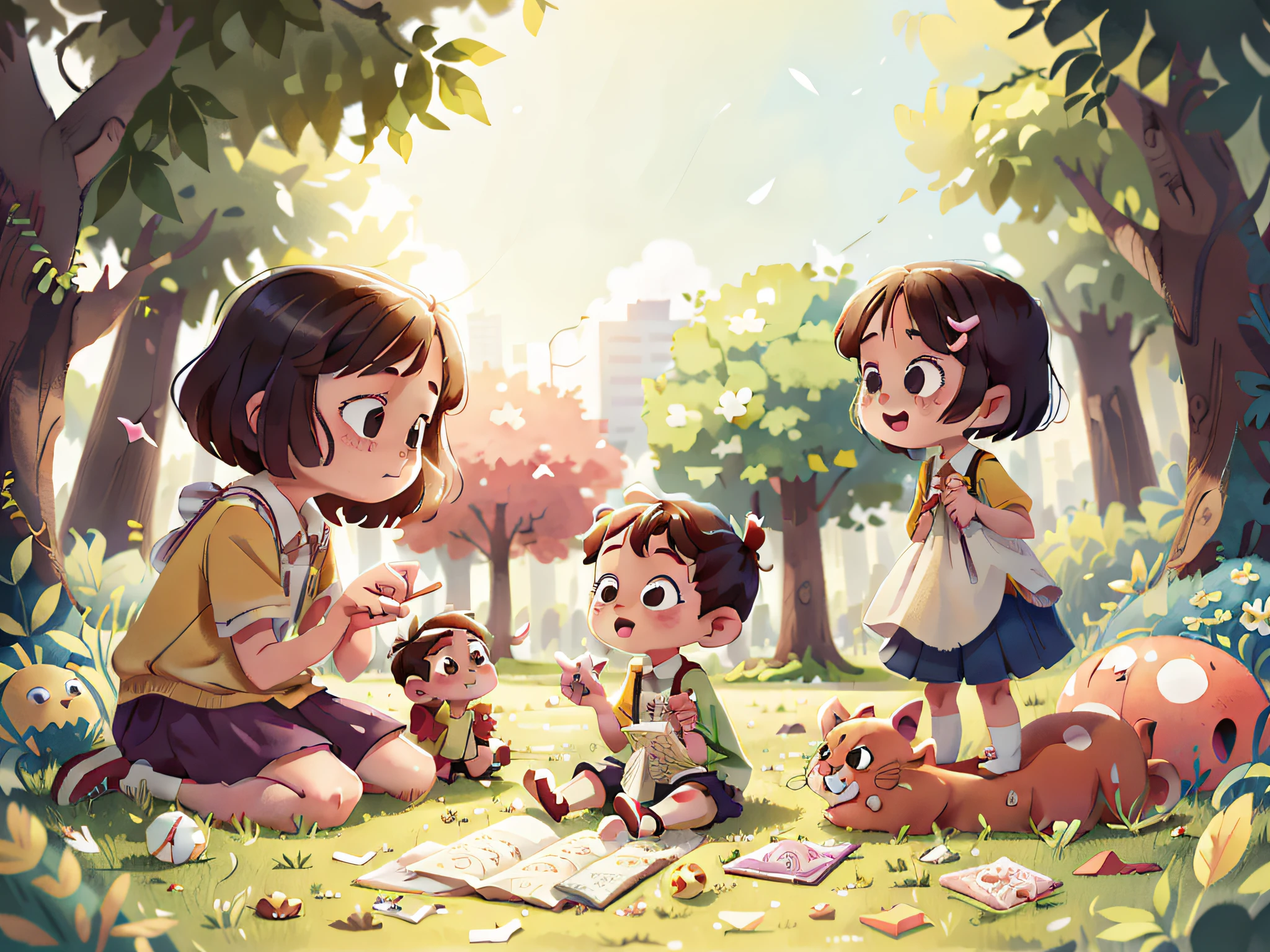 Anime children reading a book in the park with their pet animals - SeaArt AI