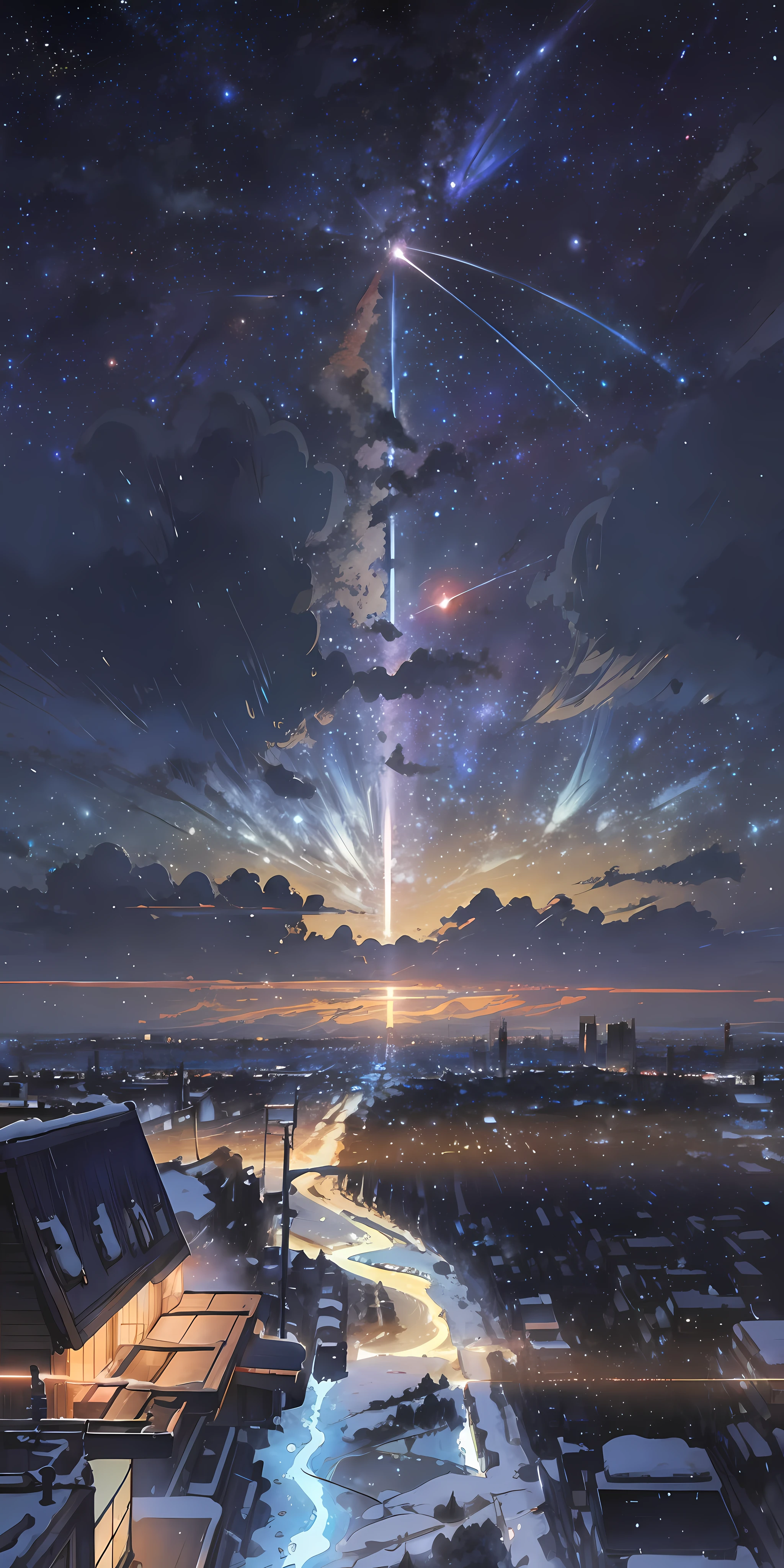 There is a train running along the tracks in the snow, Makoto Shinkai&#39;s concept art, tumblr, magic realism, beautiful anime scenes, cosmic sky. by makoto shinkai, ( ( makoto shinkai ) ), anime background art, anime backgrounds, Makoto Shinkai&#39;s style, anime movie backgrounds, galaxy express, no humans.