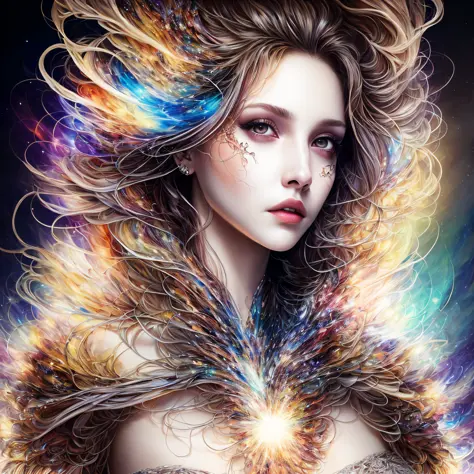 photo (fractalwoman style:1) a woman with a lighting in the background, coming out a light in the middle of the chest, in the he...