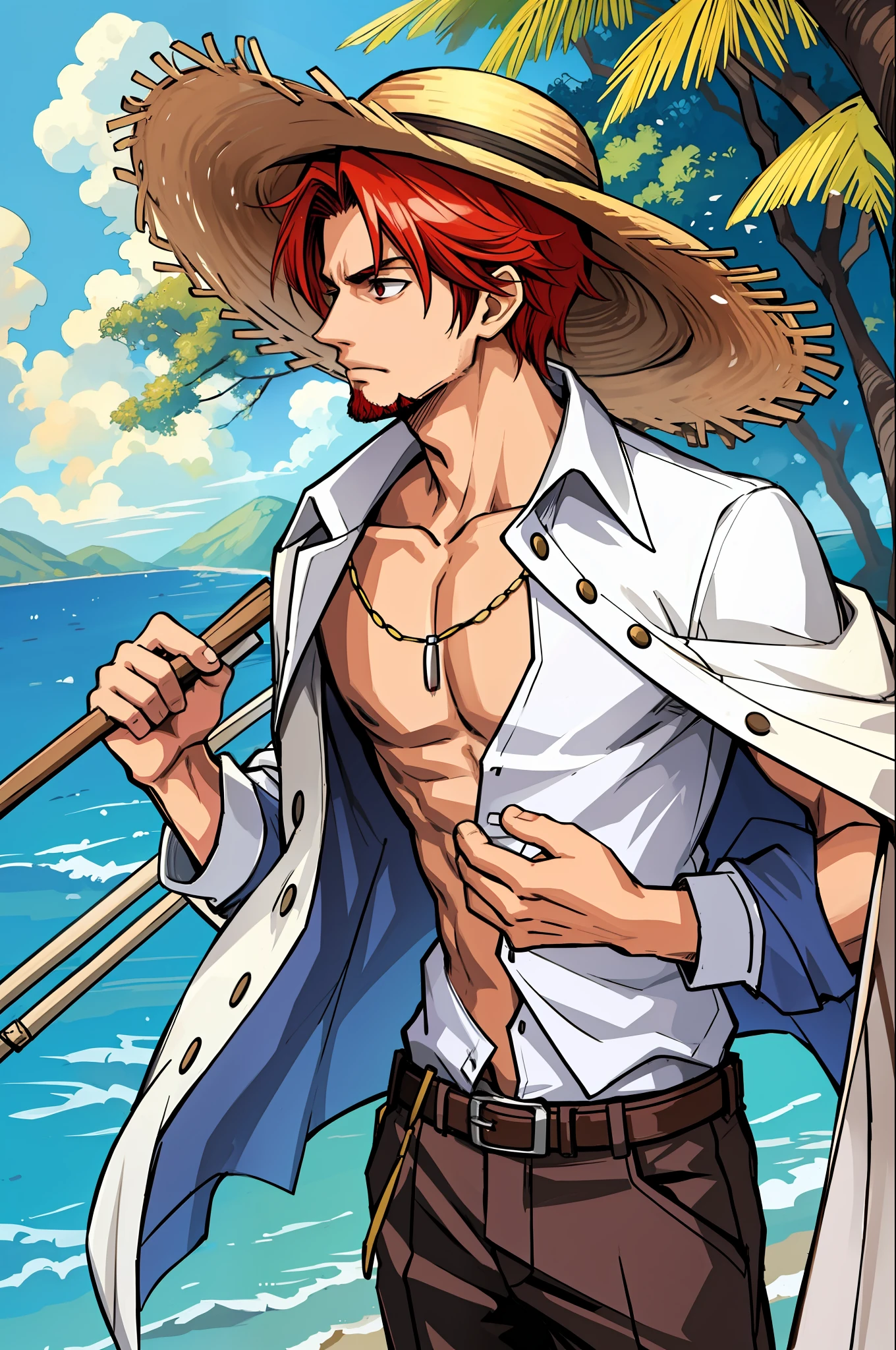 (masterpiece, best quality), intricate details, 1boy, man, red hair, straw hat, Shnks, rods \(one piece\), scar on face, short hair, shirt, white shirt, male focus, open clothes, collar shirt, pants, cape, coat, open shirt, facial hair, scar, sandals, pectorals, partially unbuttoned, pectoral neckline, jacket on shoulders, nature, scenery, upper body, straw hat,