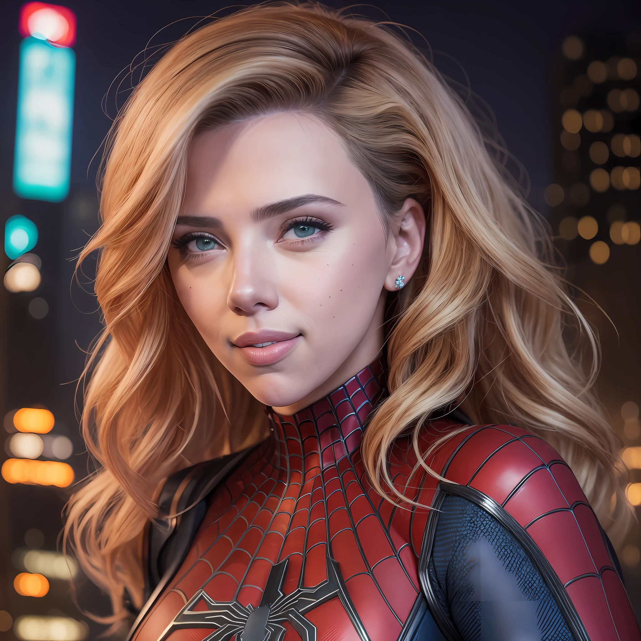 un portrait en gros plan de la belle Scarlett Johansson en costume d&#39;homme-araignée, Sourire effronté, (bijoux:1.0), Peau très détaillée, courbée, ville cyberpunk de nuit en arrière-plan, la nuit 8k uhd, Reflex numérique, Haute qualité, Fujifilm XT3 --auto --s2