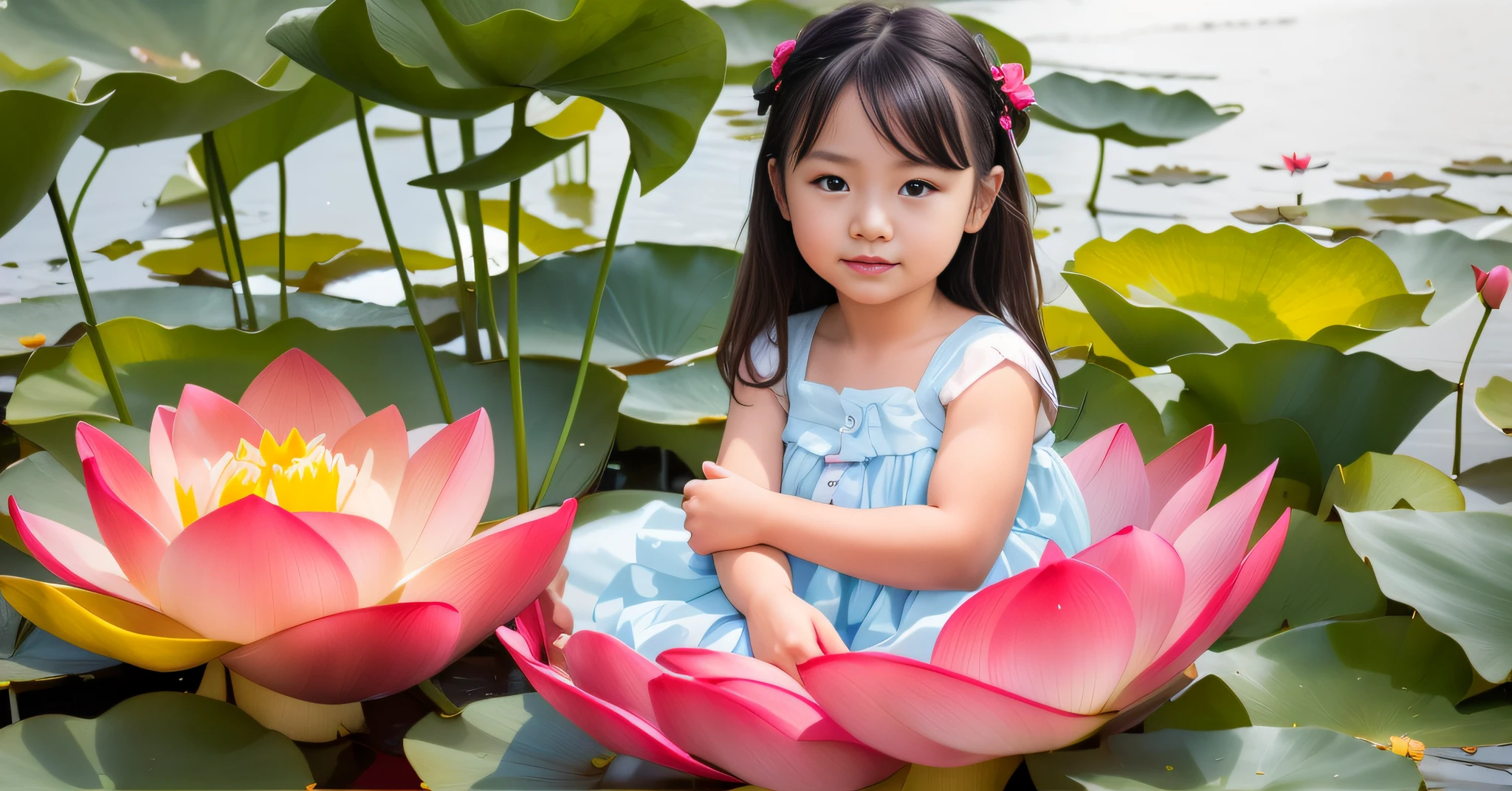 There is a little girl sitting on a lotus flower in a pond - SeaArt AI