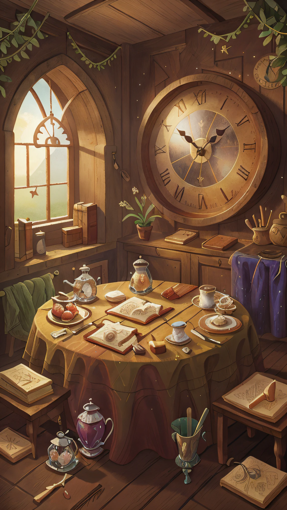 中世紀風格的客房, 顯示視窗, 桌子, 水晶鍋和掛鐘