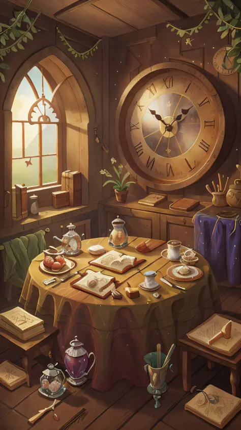 Room in medieval setting, showing window, table, crystal pan and a wall clock