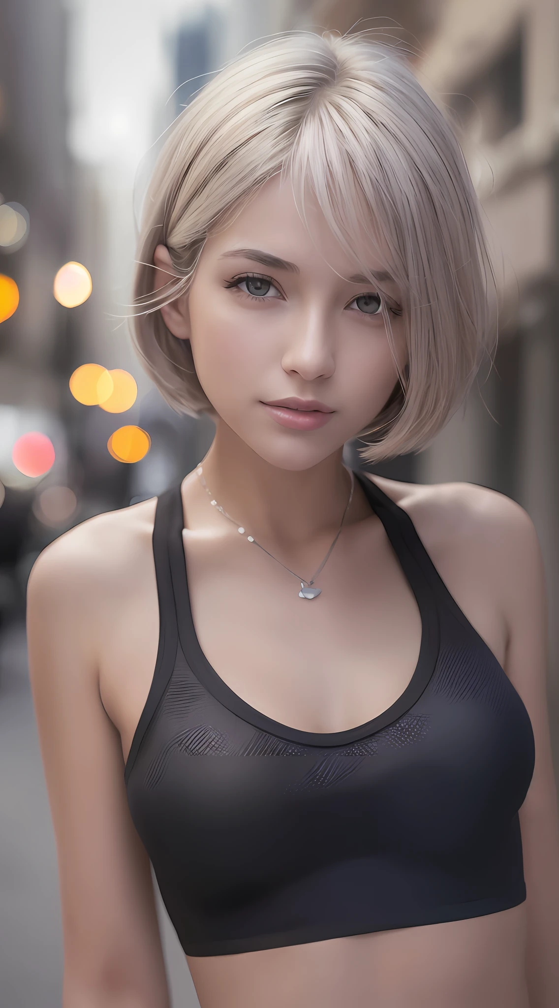 ((Realistic lighting, top quality, 8K, Masterpiece: 1.3)), Clear Focus: 1.2, Realistic 1 girl, upper body, slim beautiful, beauty style, beautiful breasts, (short cut), (Black crop tank top), (outdoor, night: 1.1), street, super beautiful, attractive eyes, attractive smile, double eyelids, spoiled look, cute smile