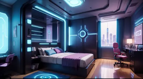 there is a bedroom with a bed and a chair in it, futuristic room, futuristic room background, cozy 9 0 s bedroom retrofuturism, futuristic decor, retro futuristic apartment, futuristic interior, cyberpunk teenager bedroom, galaxy themed room, futuristic de...