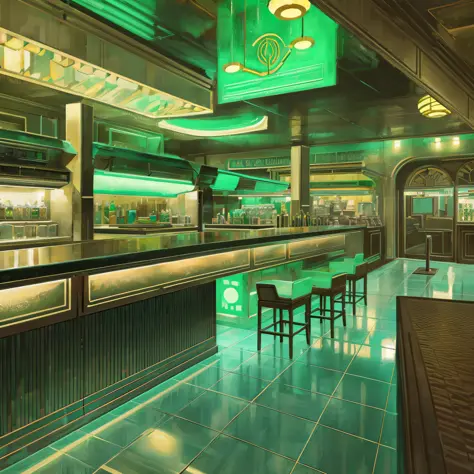 hyperrealistic full bar environment scene, set in the year 1937, no people in the scene, only architecture of the time, art deco...