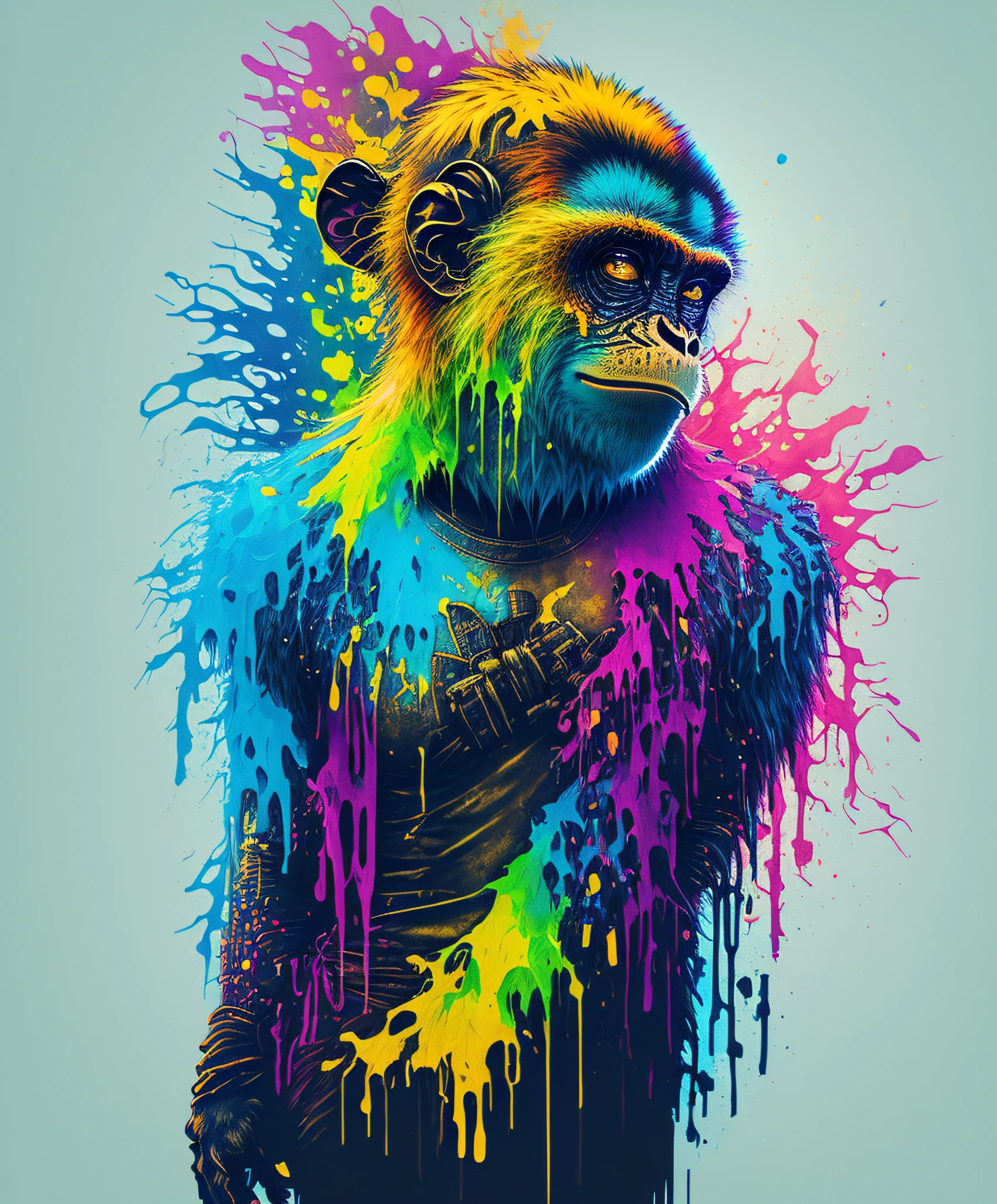 (a portrait of Cyberpunk Monkey with colored fluid), T-shirt logo in tapered thin outline style, spell view, artwork in (empty background:1.4)