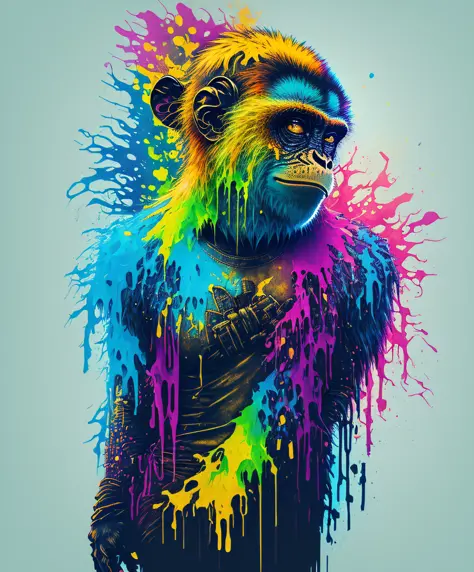 (a portrait of cyberpunk monkey with colored fluid), t-shirt logo in tapered thin outline style, spell view, artwork in (empty b...