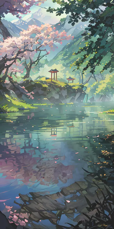 Chinese Antiquity, Spring, Jungle, Lake, Reflection, Trees, Meadows, Rocks, Dragon Boats, Hot Springs, Water Vapor, (Illustration: 1.0), Epic Composition, Realistic Lighting, HD Details, Masterpiece, Best Quality, (Very Detailed CG Unified 8k Wallpaper) --...