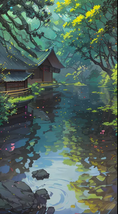 Chinese Antiquity, Spring, Jungle, Lake, Reflection, Trees, Meadows, Rocks, Dragon Boats, Hot Springs, Water Vapor, (Illustration: 1.0), Epic Composition, Realistic Lighting, HD Details, Masterpiece, Best Quality, (Very Detailed CG Unified 8k Wallpaper) --...