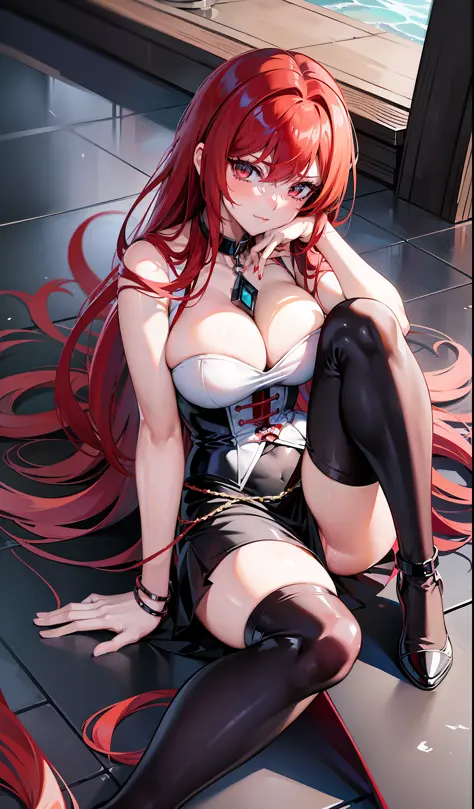 anime girl laying on a checkered floor with her hand on her chin, rias gremory, highschool dxd, erza scarlet as a real person, anime girl named lucy, kurisu makise, she has red hair, with long red hair, with red hair, rei hiroe, the anime girl is crouching...