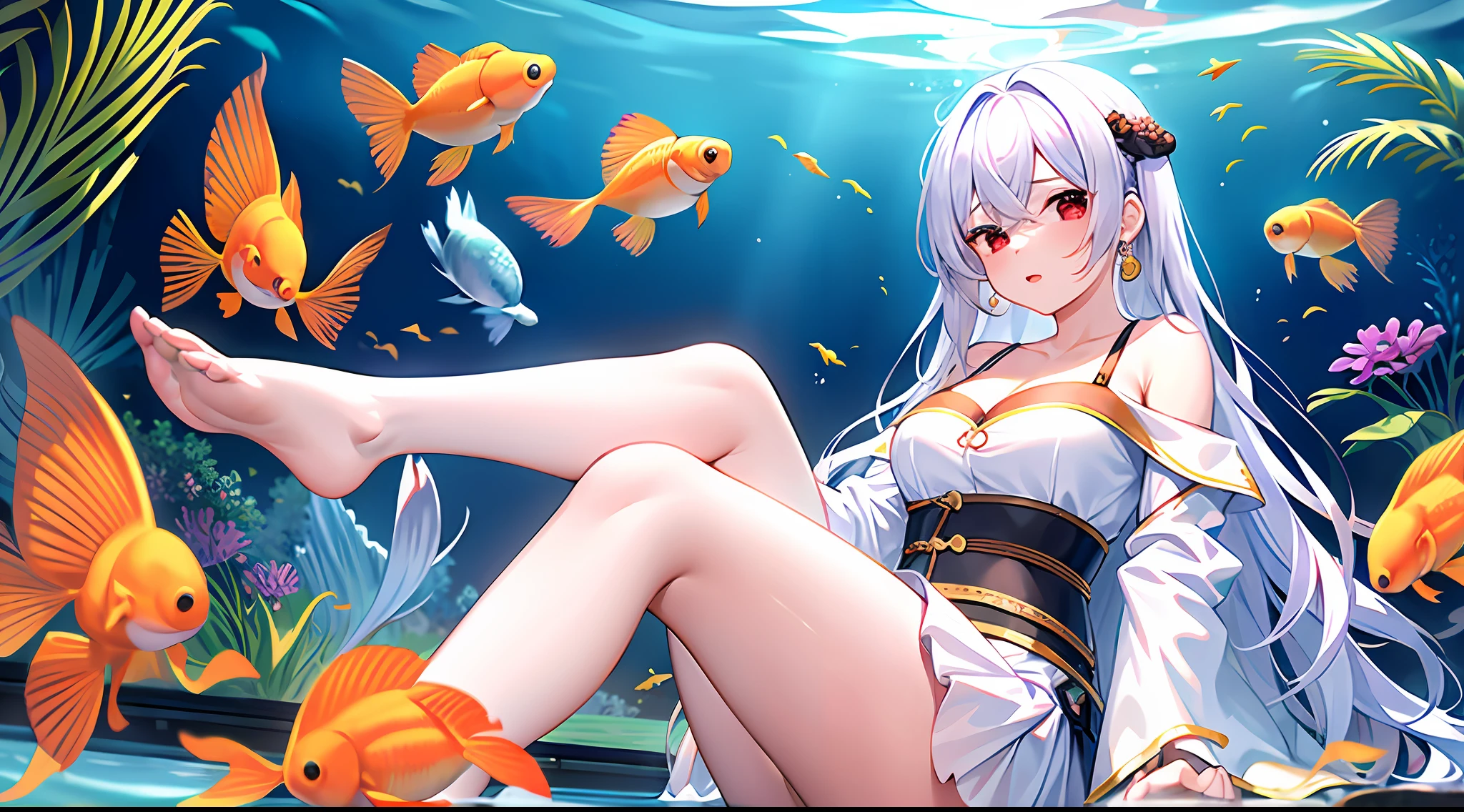 1girl, off-the-shoulder, earrings, goldfish, jewelry, cleavage, hanfu, belt, underwater, goldfish, white flowers, long skirt, red eyes, gaze, sitting position, headrest, white hair, collarbone, long hair