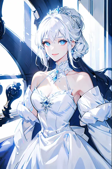 White hair, light blue eyes, woman in white dress, smile, detailed face, high quality, royalty, noble princess, elegant and pure