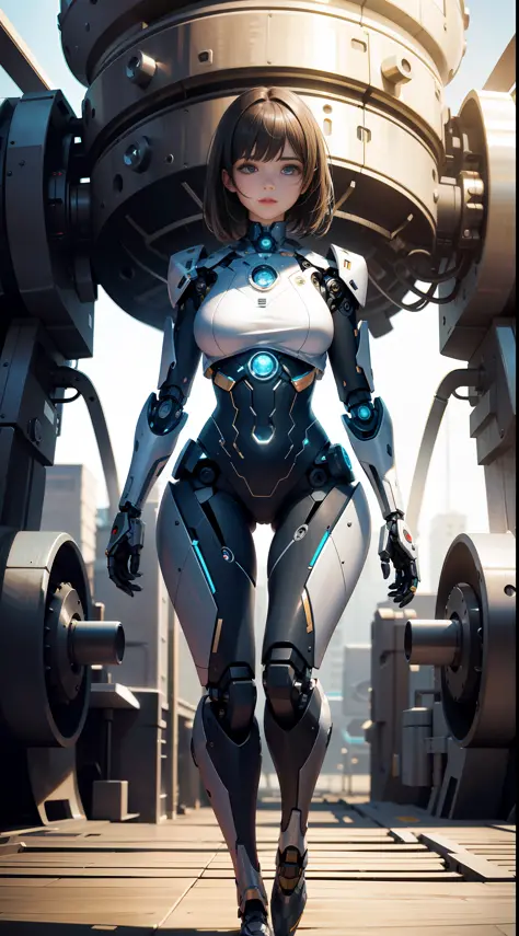 8K HD, best picture quality, clear picture, amazing details, beautiful girl and robot body, full body robot, girl focus, detailed girly face, girly details amazing, upper body photo, robot factory background, optimized depth of field to make the picture mo...