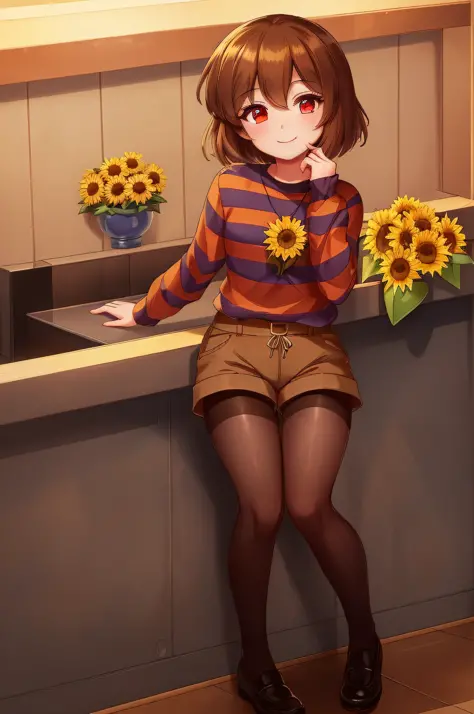 ((best quality)), ((masterpiece)), (detailed), Undertale Frisk, brown hair, (detailed brown shorts: 1.3), bob cut, short hair, b...