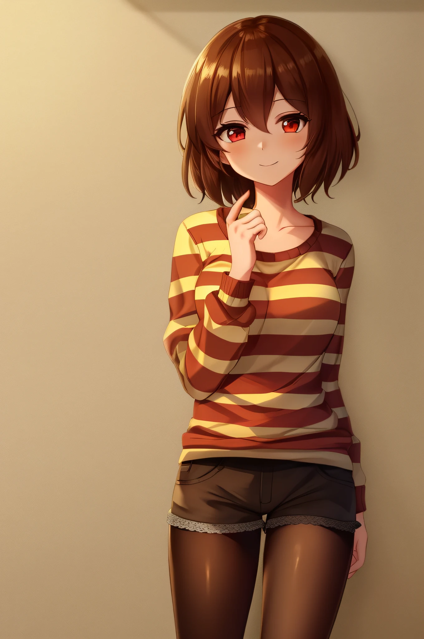 ((best quality)), ((masterpiece)), (detailed), Undertale Frisk, brown hair, (detailed brown shorts: 1.3) tight brown shorts, tight pants, bob cut, short hair, black pantyhose, (blue shirt: 1.3), red eyes, eyes with a red glow, red eyes, detailed eyes (1girl: 1.3), (only: 1.3), stripes, striped shirt, on a farm, standing, standing, posing tenderly,  smiling somewhat menacingly, (sunflower)