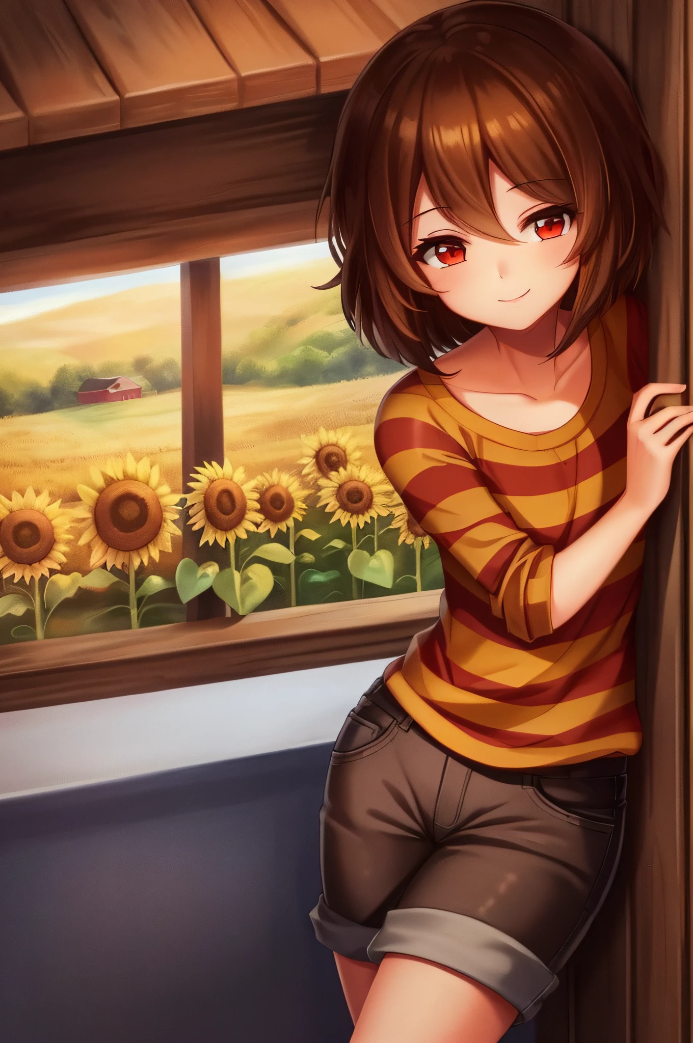 ((best quality)), ((masterpiece)), (detailed), Undertale Frisk, brown hair, (detailed brown shorts: 1.3) tight brown shorts, tight pants, bob cut, short hair, black pantyhose, (blue shirt: 1.3), red eyes, eyes with a red glow, red eyes, detailed eyes (1girl: 1.3), (only: 1.3), stripes, striped shirt, on a farm, standing, standing, posing tenderly,  smiling somewhat menacingly, (sunflower)