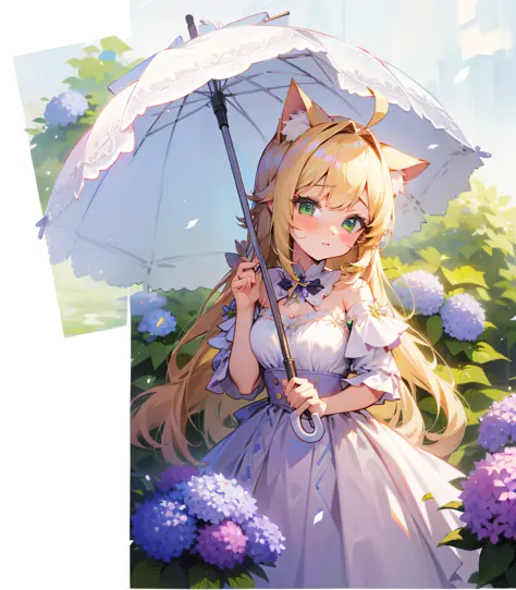 masterpiece,best quality, illustrations,beautiful detail girl,beautiful detail glow, cute, {{{one girl}, solo, blonde hair, long hair, green eyes, tips, ahoge, cat ears, {{cat's tail, }}}}}, big, princess cut, blush, white parasol, hydrangea,off-shoulder, ...