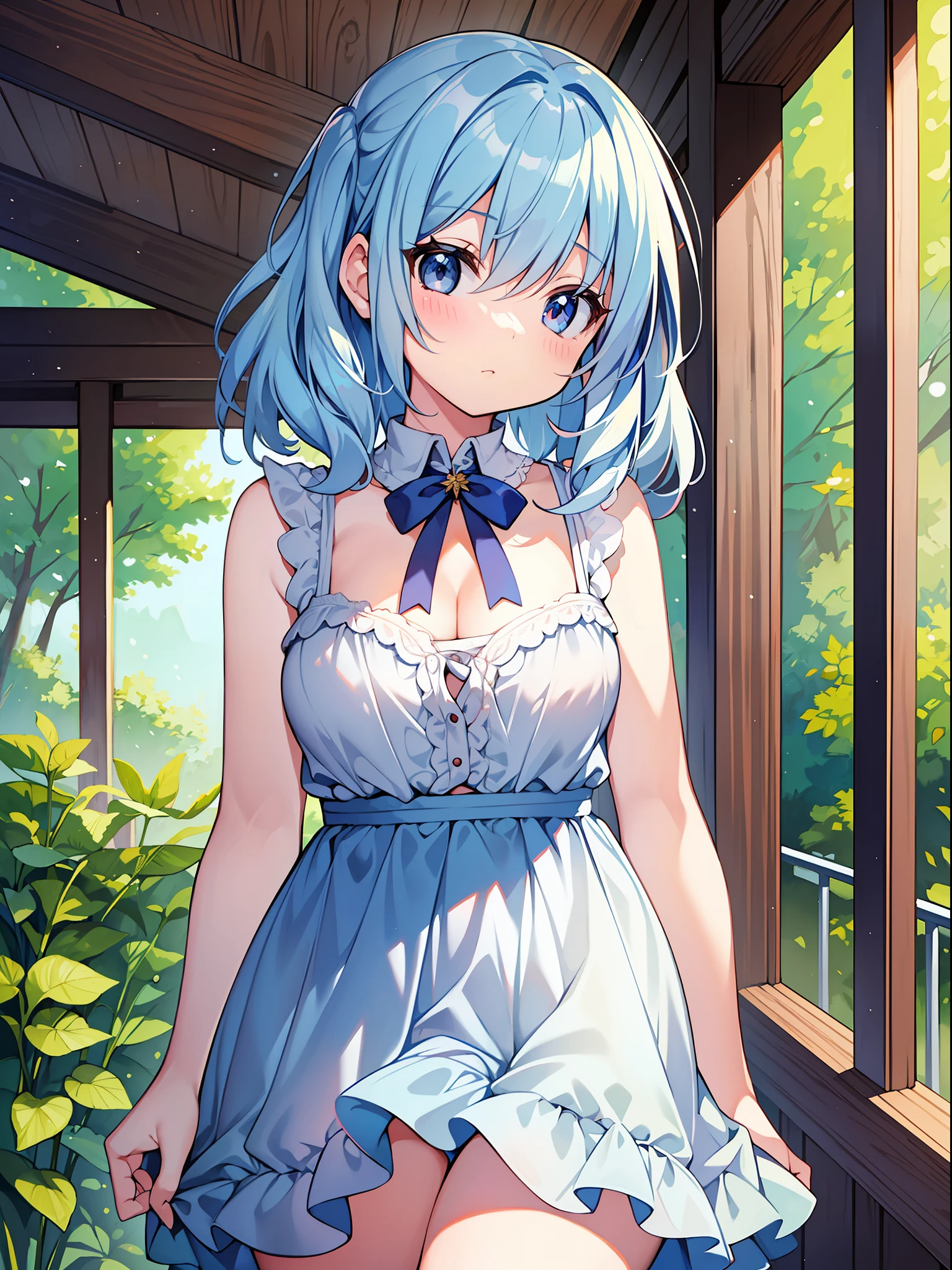 (Masterpiece), (Best Quality), Official Art, One ,  with Pale Light Blue Hair, Sundress, Sleeveless, Small Breasts, Cleavage, Thigh Focus