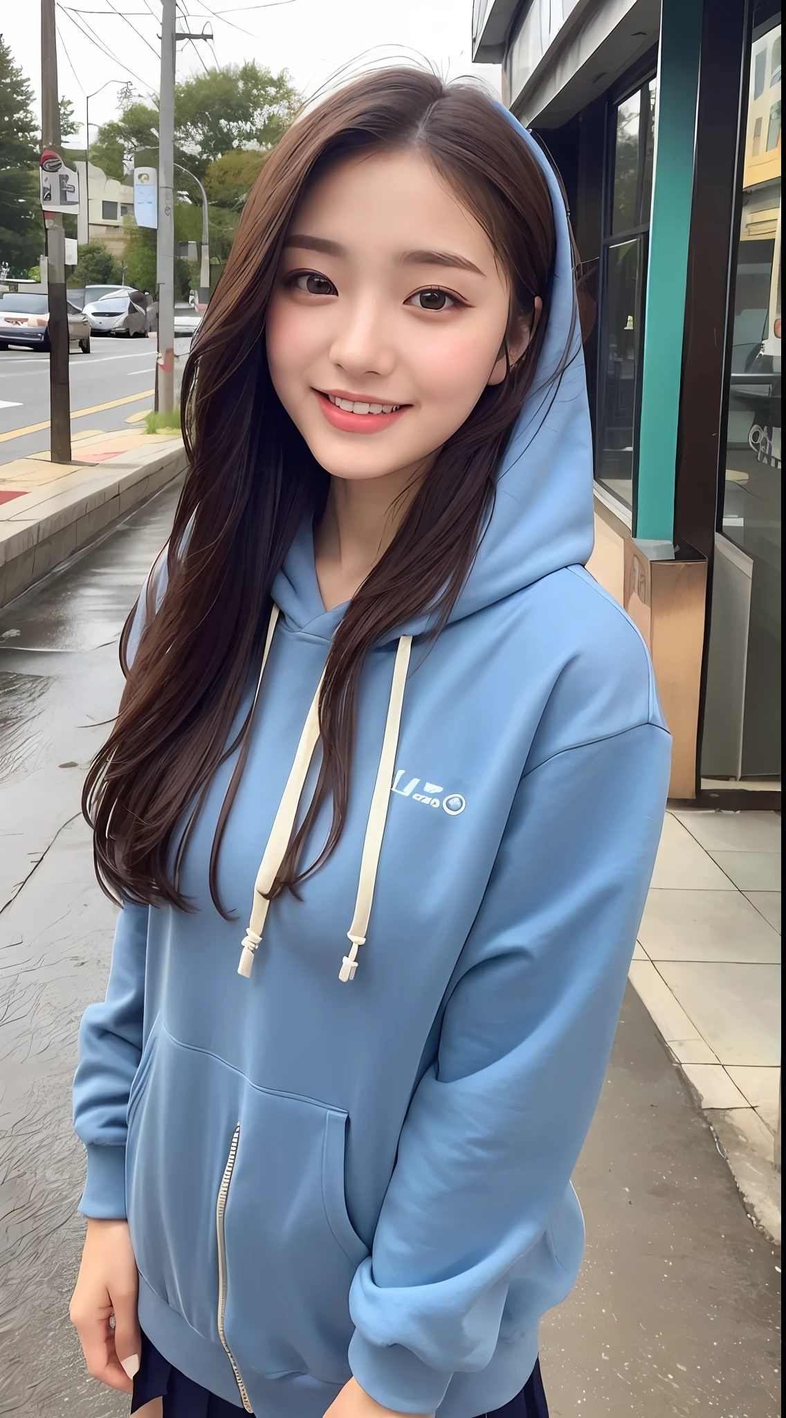 One beautiful girl, brown hair color, detailed eyes, big eyes, puffy eyes, fair skin, random outfit, random outfit color, random lipstick color, clean neck, white skin, Japanese beauty, 17 years old, Ai Lai, Asian beauty, facing front, Real Photo, ((Top Quality, 8k, Masterpiece:1 .3)), crisp focus: 1.2, beautiful woman in perfect shape: 1.4, slender abs: 1.2, ((layered cut)), very detailed face and skin texture, double eyelids, (wet clothes, wet body: 1.2), (rain, street: 1.2), ennui expression, beautiful dress, sexy, professional lighting bright like professional lighting, changing clothes, smiling, Japanese high school girl, hoodie over school uniform, headphones around neck, short hair,