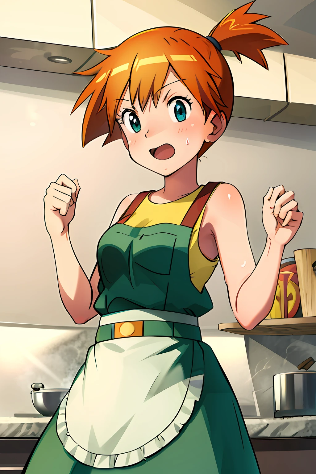 One girl (masterpiece) (highest quality) (shiny hair) (shiny skin), 1 girl, misty_ (Pokemon), maid, maid apron, kitchen, cooking, orange hair, ponytail, flustered, impatient, sweat, slapstick, open mouth,