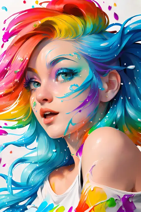 （Pink Fashion T-shirt：1.9），(Colorful hair: 1.8), (all the colours of the rainbow: 1.8),(((((vertical painting：1.6))), （painting：...