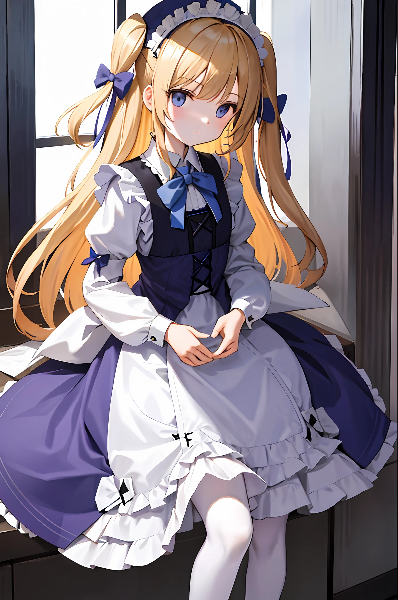 Emilico is a young girl with long blonde hair, purple-dark blue eyes and pale skin.  She was wearing a maid's gown that was Victorian, with dark sleeves, a white apron, and a skirt.  He wore white pumps underneath and a sleeveless shirt.  Two side up hair, tied with a big dark blue bow.  and cute flat front bangs/micro bangs