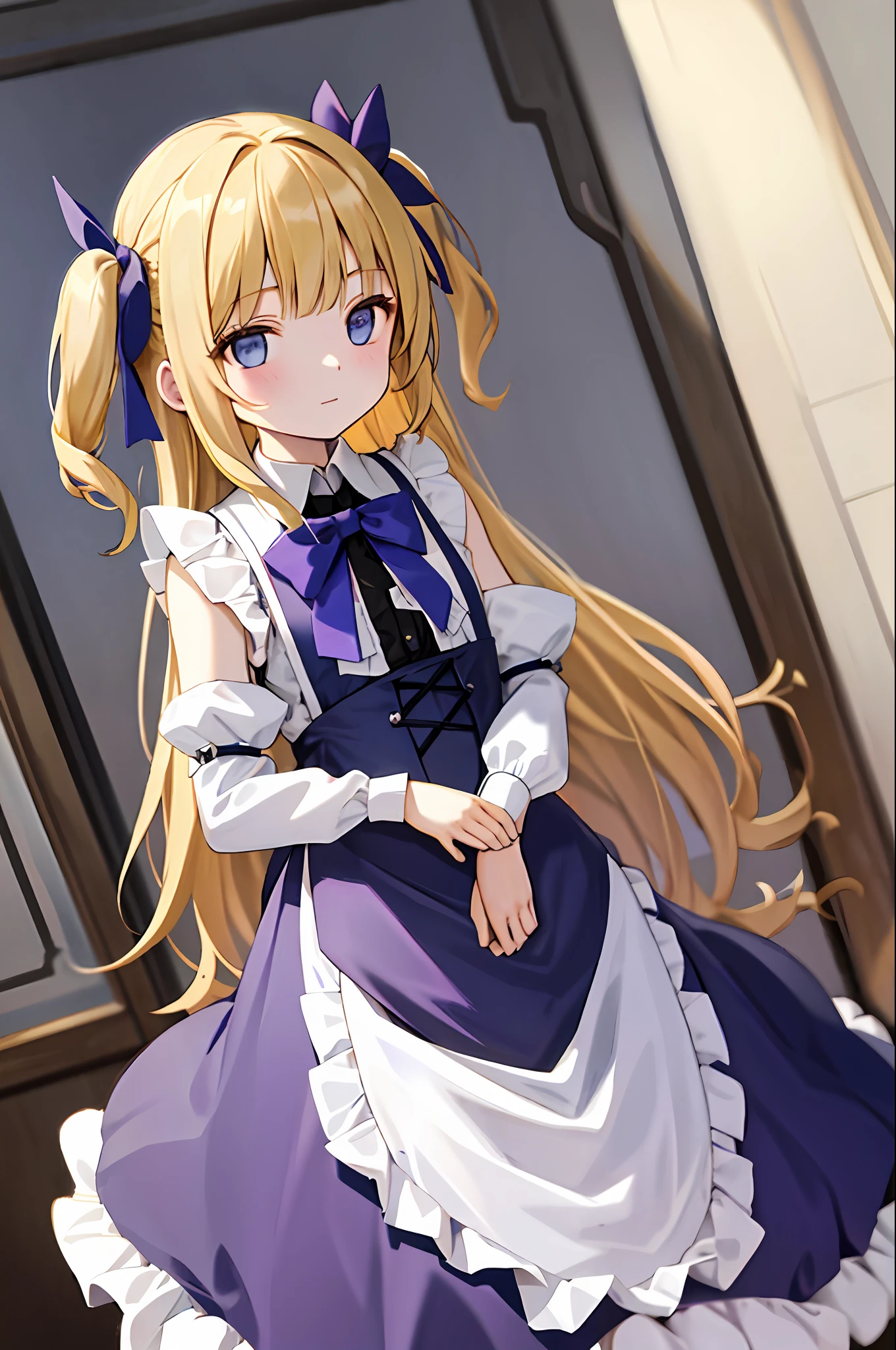 Emilico is a young girl with long blonde hair, purple-dark blue eyes and pale skin.  She was wearing a maid's gown that was Victorian, with dark sleeves, a white apron, and a skirt.  He wore white pumps underneath and a sleeveless shirt.  Two side up hair, tied with a big dark blue bow.  and cute flat front bangs/micro bangs