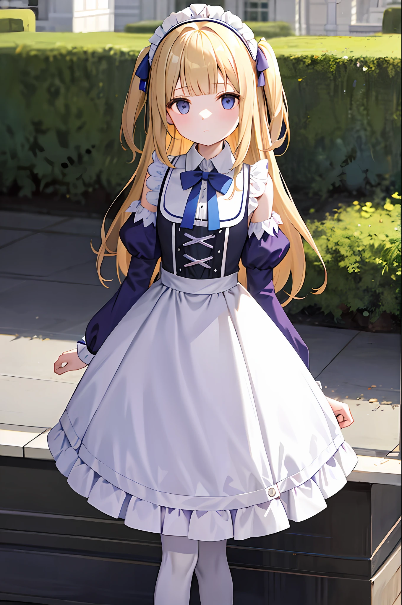 Emilico is a young girl with long blonde hair, purple-dark blue eyes and pale skin.  She was wearing a maid's gown that was Victorian, with dark sleeves, a white apron, and a skirt.  He wore white pumps underneath and a sleeveless shirt.  Two side up hair, tied with a big dark blue bow.  and cute flat front bangs/micro bangs