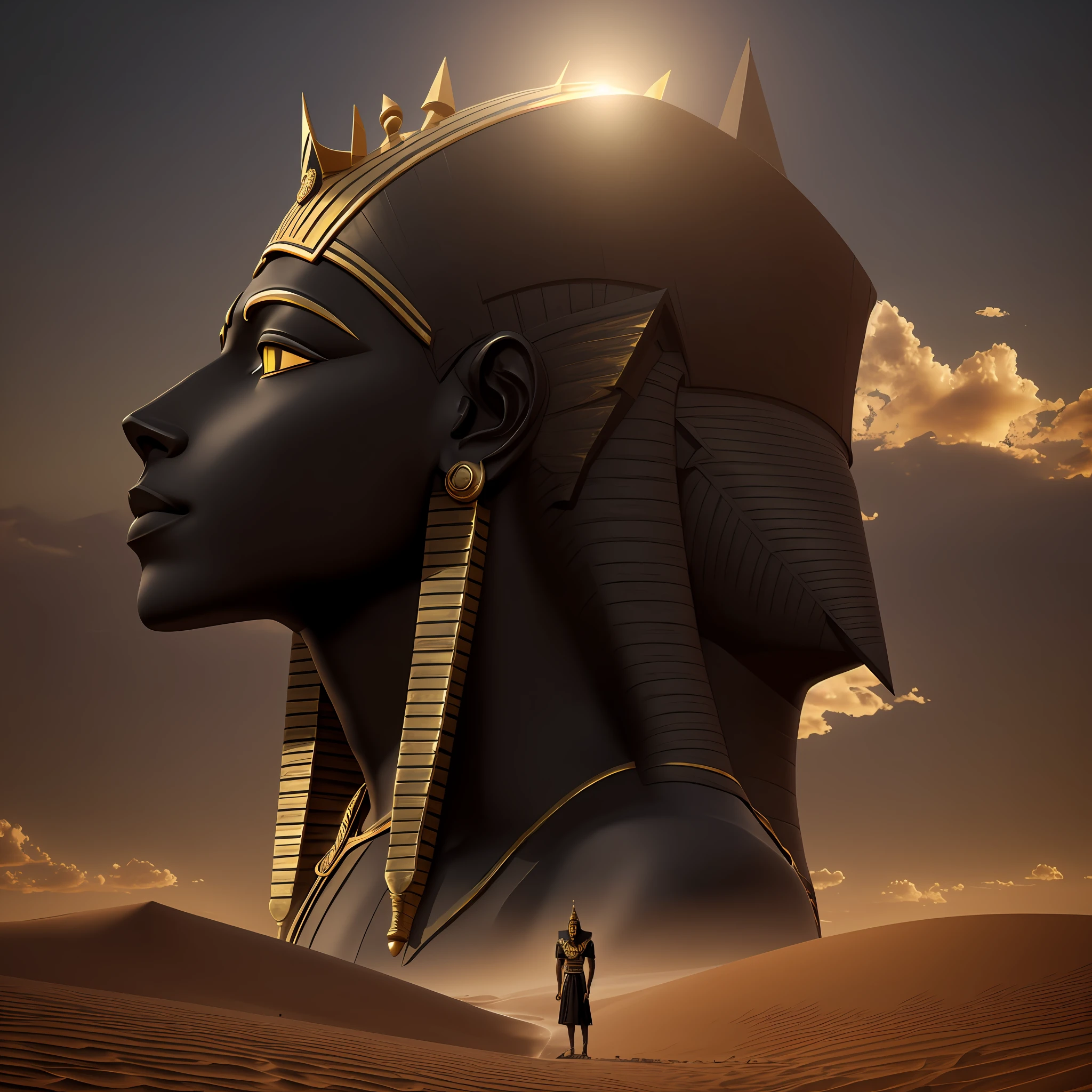 realistisches Bild, schwarzer Pharao in der Wüste, von Ägypten mit Krone --auto --s2