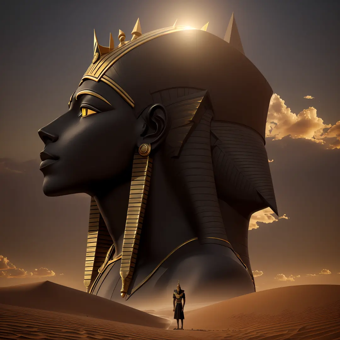 Realistic image, black pharaoh in the desert, of Egypt with crown --auto --s2