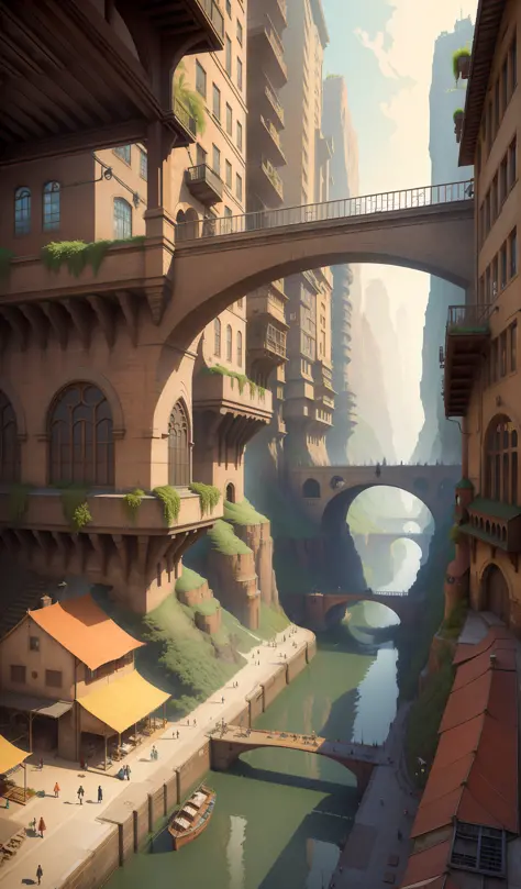 ((masterpiece)),((best quality)),((high detial)),((realistic))
Industrial age city, deep canyons in the middle, architectural streets, bazaars, Bridges, rainy days, steampunk, European architecture