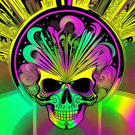 psychedelic skull, vector image, t-shirt design, isolated, black background, illustration colors lime green, lemon yellow, shock pink and cyan --auto --s2