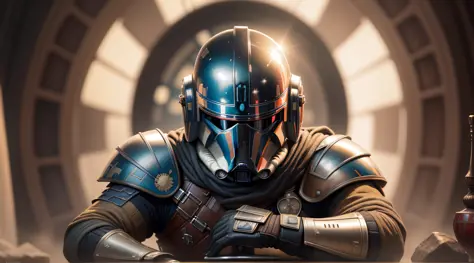 solo,{best quality}, {{masterpiece}}, {highres}, original, extremely detailed 8K wallpaper, {an extremely delicate and beautiful},star wars, death star, cover, Pedro Pascal in Mandalorian armor
