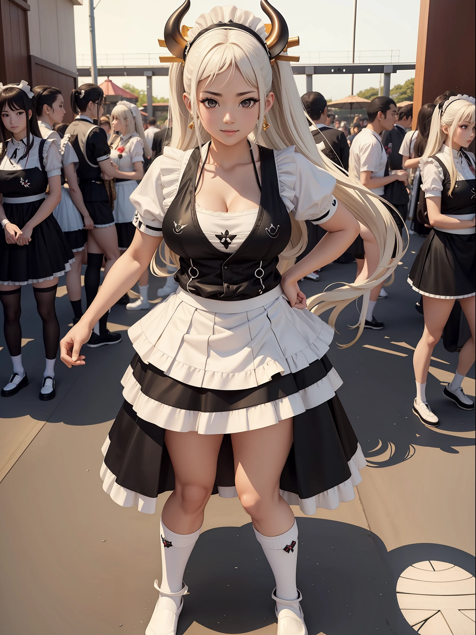 (full body/standing:1.5) yamatowanpi, ((wearing maid's clothing+black with short white skirt+white socks on legs:1.5)). ((Inside an amusement park crowded with spectators)). (clothing+extremely+tight+body:1.5). ((Yamatowanpi is doing exhibitionist poses)), standing is not doing hunched poses, it's smiling, looking at the viewer. Yamato has extremely breasts (large:1.5), hyper-realism, anime, 16k, masterpiece, UHD, high details, best quality