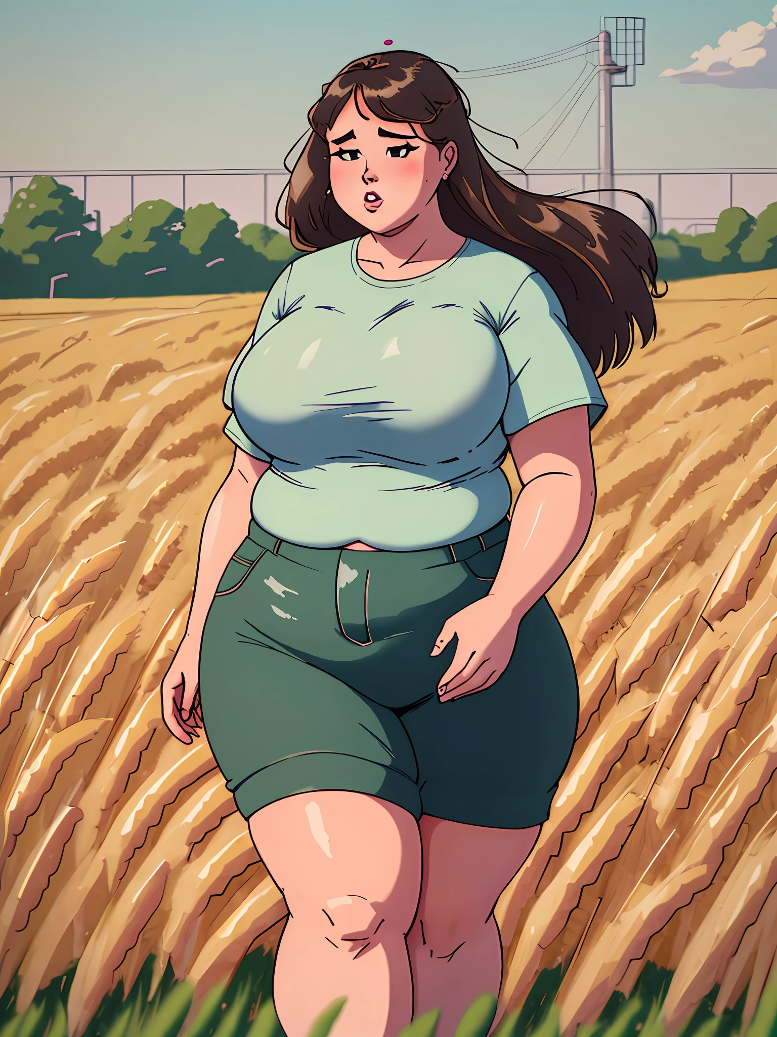 A cartoon of a woman in a field of wheat - SeaArt AI