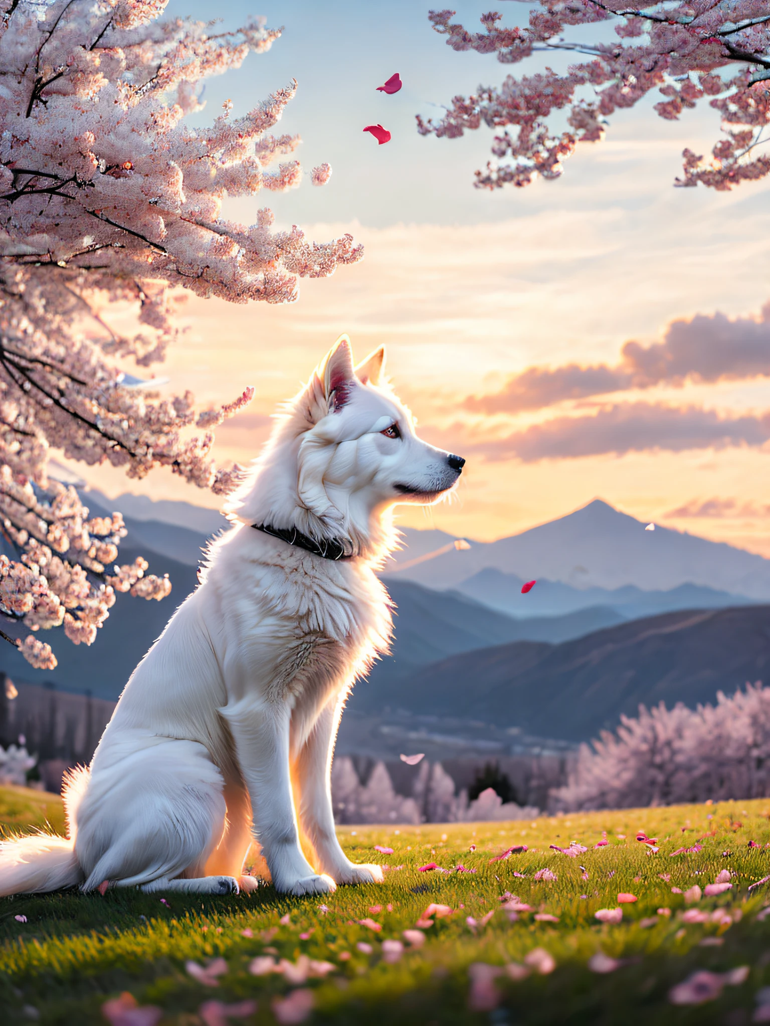 一只白狗坐在樱花树下, 随风飘落的花瓣, 仰望远方, 特写, 连续山峰的背景, 日落天空, 白云, 柔和体积光, (背光: 1.3), (电影: 1.2), 复杂的细节, (艺术站: 1.3), 鲁特科夫斯基