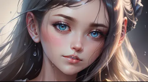 A water color of close up model's face, raindrops as foreground, a wet look, small smile, white dress, anime art, long hair, fickle face, perfect anatomy, wet to wet background technique by Misilbu. hyper 8K detailed painting, 8k resolution concept art por...