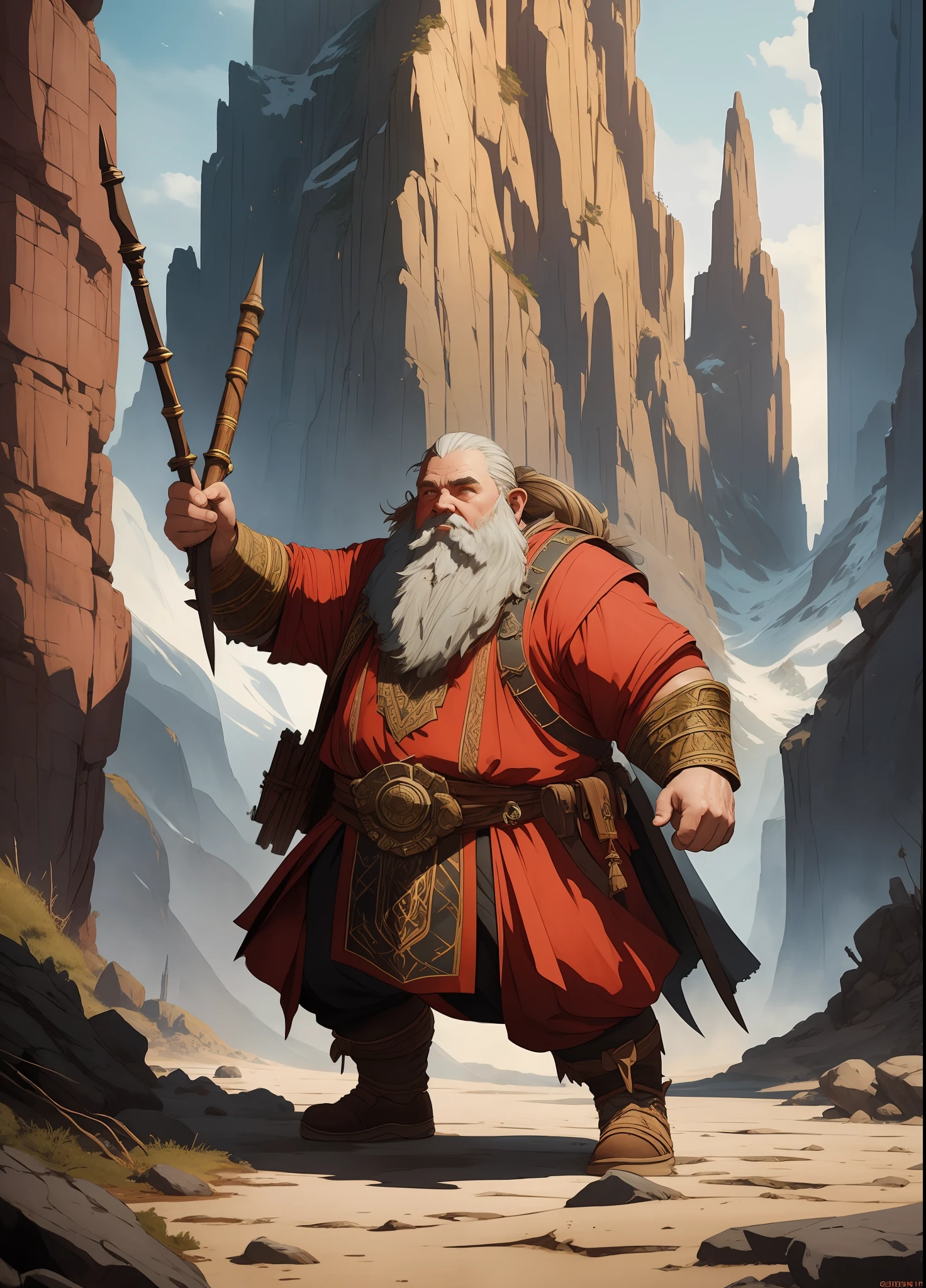 old dwarf rpg character, red clothes, full body strong and fat, light hair, line art watercolor wash, very lit mountain background, abstract beauty, approaching perfection, pure form, golden ratio, minimalistic, unfinished, concept art, by Brian Froud and Carne Griffiths and Wadim Kashin and John William Waterhouse, intricate details, 8k post production, high resolution, hyperdetailed, trending on artstation, sharp focus, studio photo, intricate details, highly detailed, by greg rutkowski