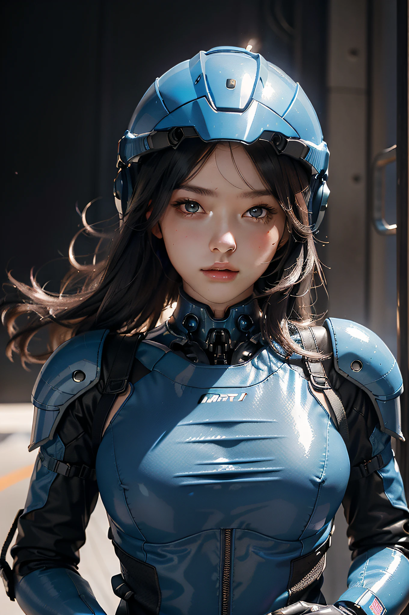 Best image quality, outstanding detail, ultra-high resolution, (realism: 1.4), best illustration, prefer details, highly condensed 1girl, delicate and beautiful face, dressed in black and blue mech, wearing a mech helmet, riding an air motorcycle, the background is a high-tech lighting scene of a futuristic city.