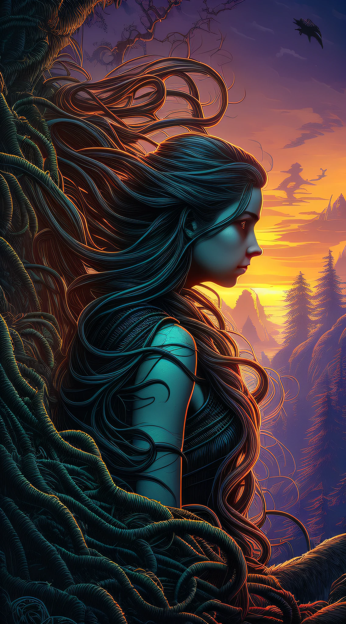 En perfil (chica hermosa, 1, mirando al horizonte, con el pelo suelto y aterrador:1.1) Retrato, Bosque oscuro, cascada, atardecer, Arte simétrico agudo, estilo de dan mumford, hdr, realism, atmósfera de fantasía oscura, estilo lovecraft, (estilo de arte del logotipo de JimJorCraft:1.3), (vista cercana),