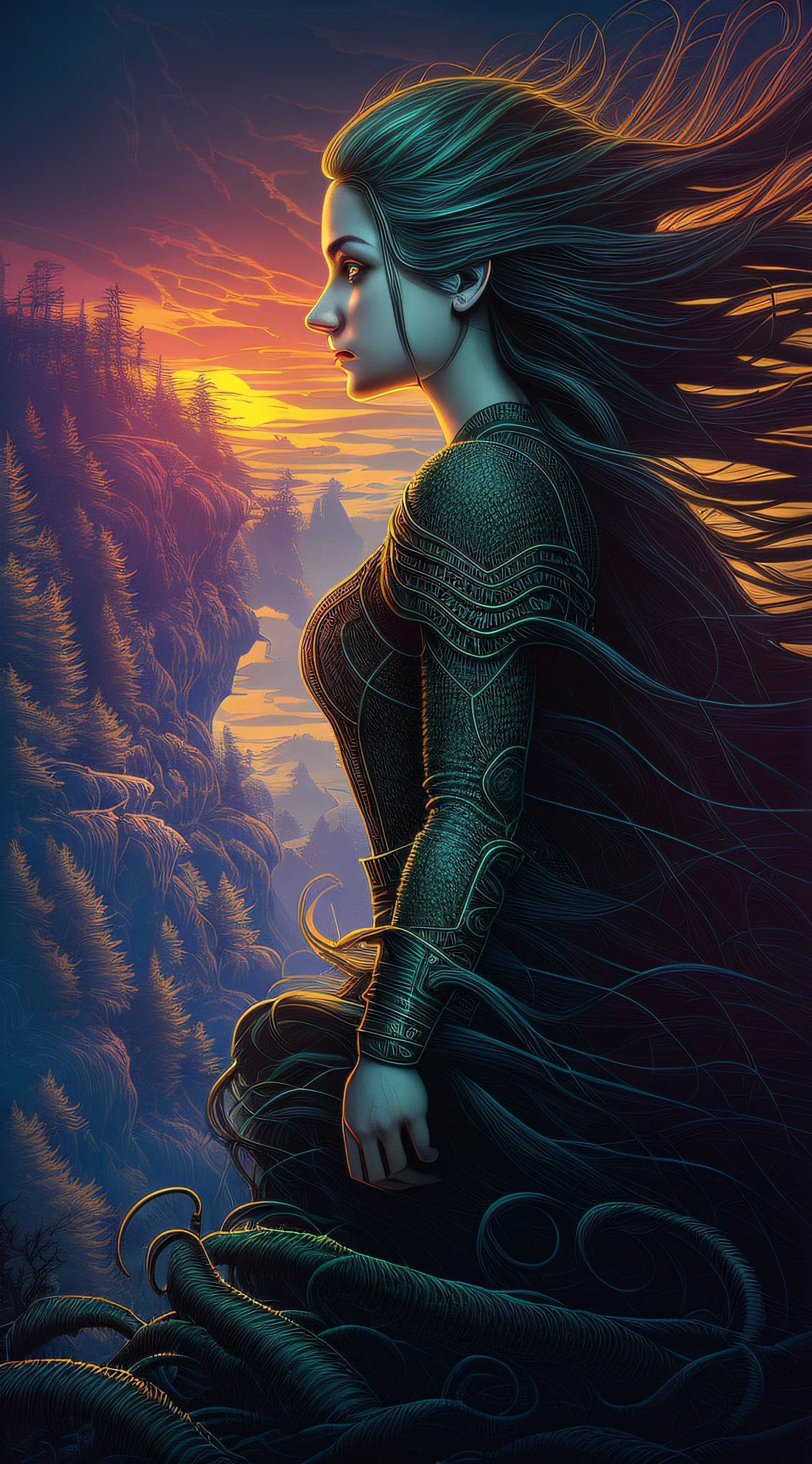 En perfil (chica hermosa, 1, mirando al horizonte, con el pelo suelto y aterrador:1.1) Retrato, Bosque oscuro, cascada, atardecer, Arte simétrico agudo, estilo de dan mumford, hdr, realism, atmósfera de fantasía oscura, estilo lovecraft, (estilo de arte del logotipo de JimJorCraft:1.3), (vista cercana),