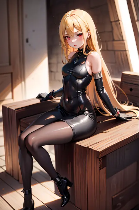 masterpiece, best quality, 1girl, loli, blonde hair, red eyes, medieval, navel, wide hips, bodysuit, bare legs, spread legs, sea...