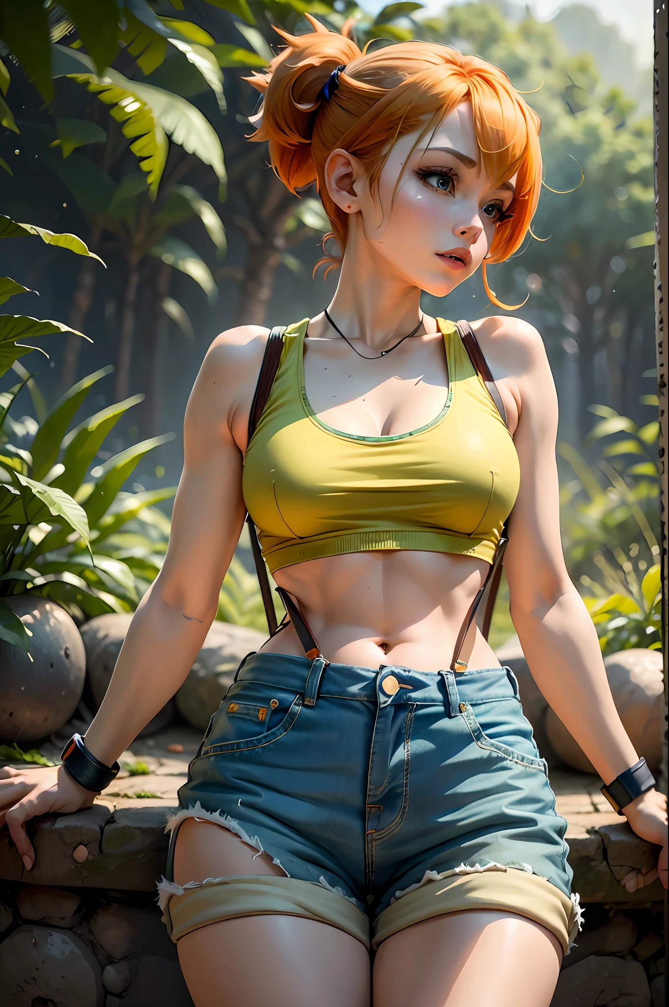 (masterpiece, best quality:1.2), 1girl, solo, sexy, HD, 8k, misty (Pokémon), orange hair, solo, shorts, suspenders, side ponytail, orange hair, midriff, yellow crop top, navel, short hair, denim, denim shorts, outdoors, Under Boob, small breasts, cleavage